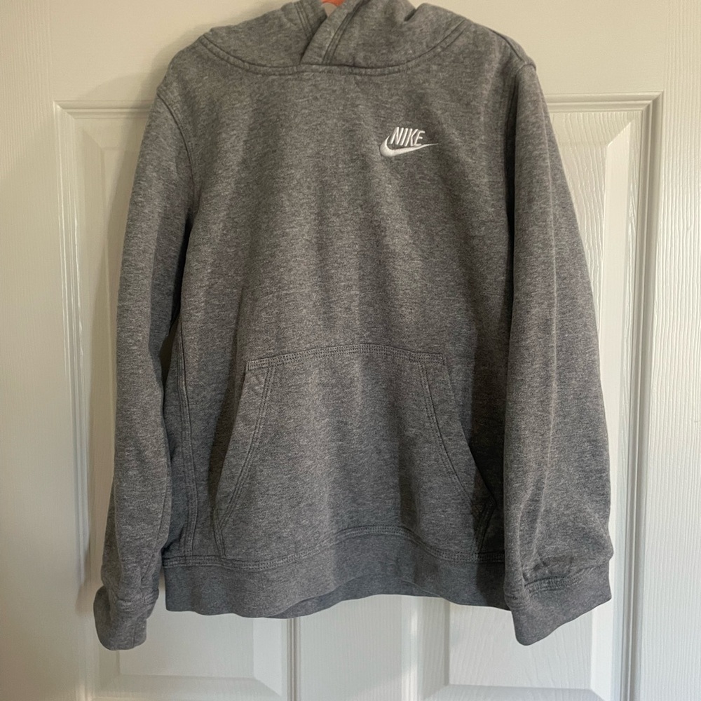Nike Boys Small Gray Pullover Hoodie White Logo Kangaroo Pocket
